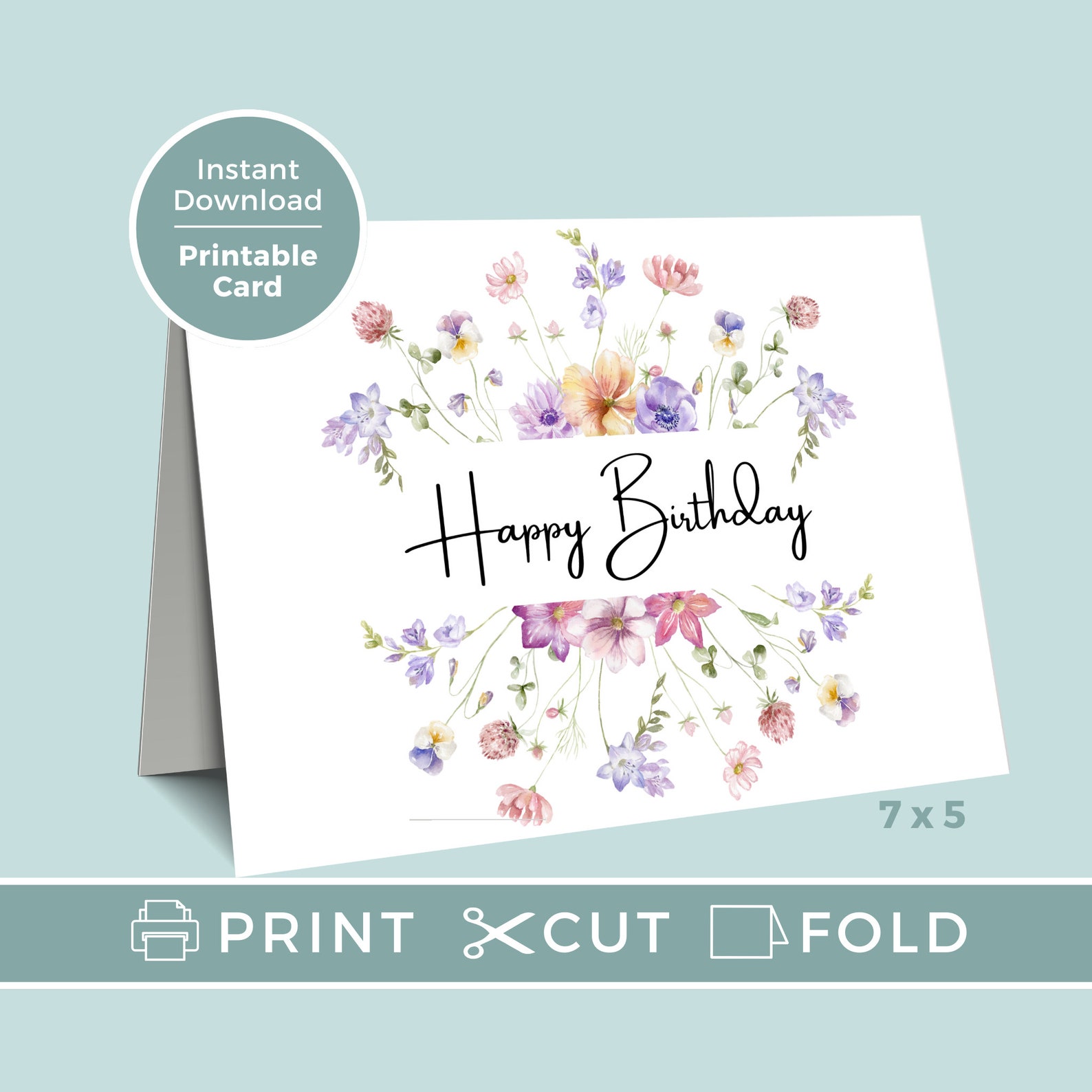 Printable Birthday Card With Flowers, Floral Birthday Card, Printable Greeting Card, Print at ...