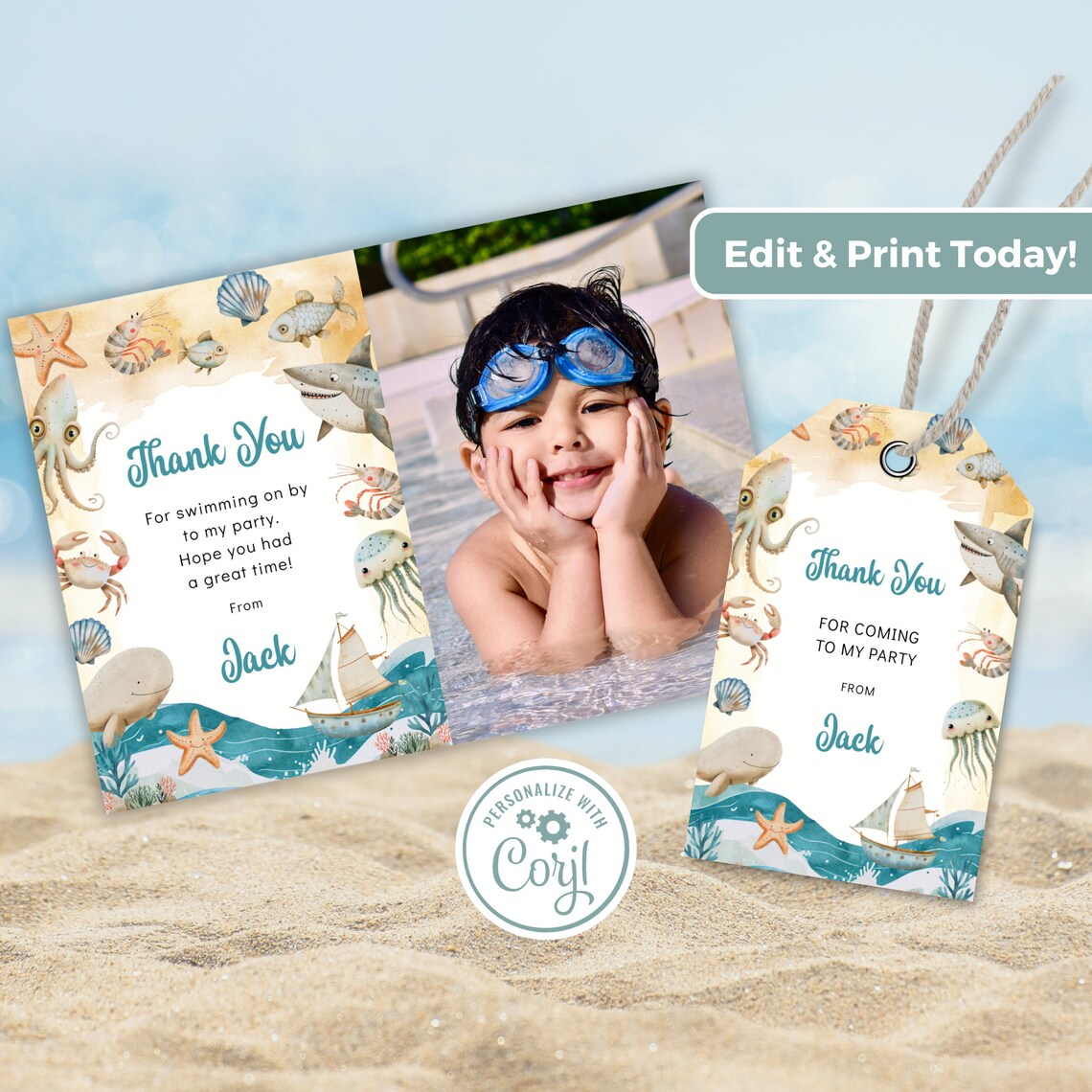 Editable Under the Sea Thank You Card, Swimming Party Thank You Tag ...