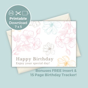 Cartão de aniversário para impressão com flores, cartão de aniversário floral, cartão de felicitações para impressão, impressão em casa BC0038