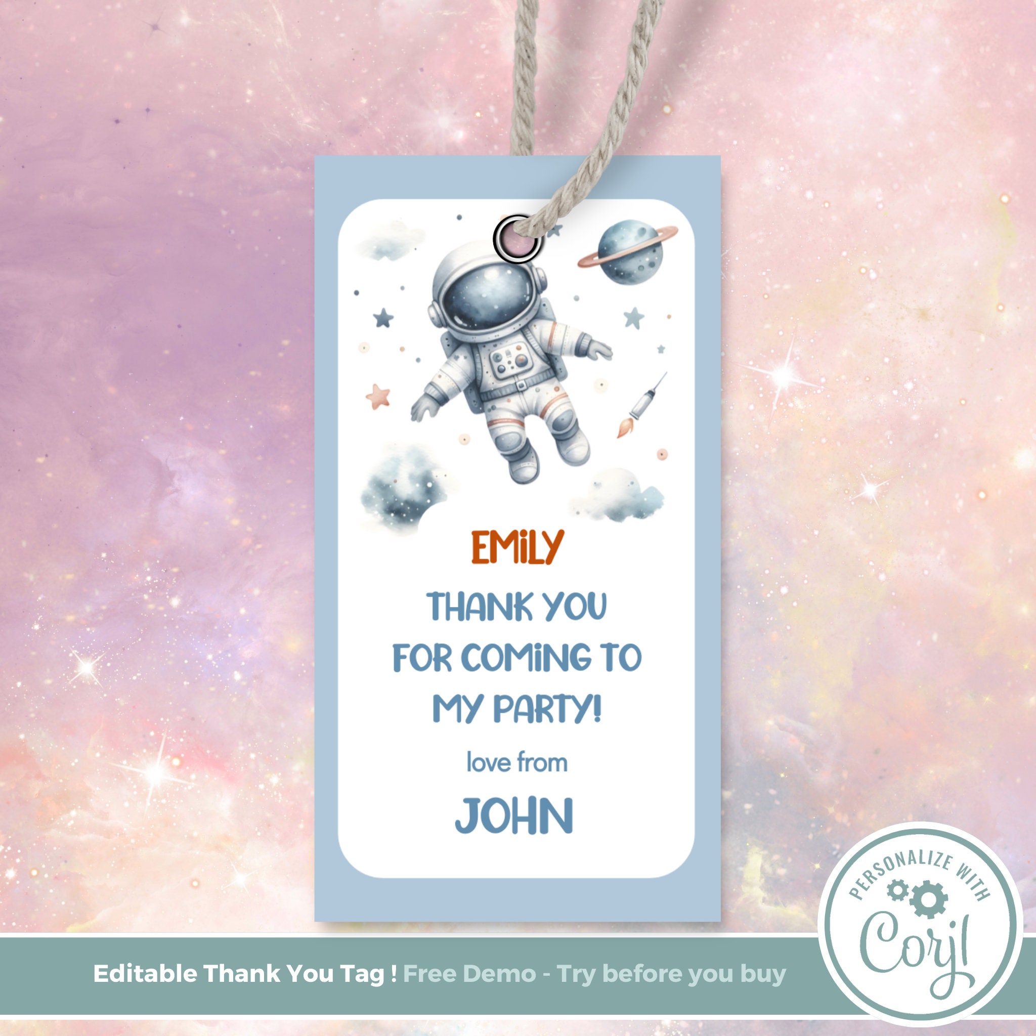 Editable Spaceman Thank You Tag, Space Party Favour Tag, Editable Thank ...