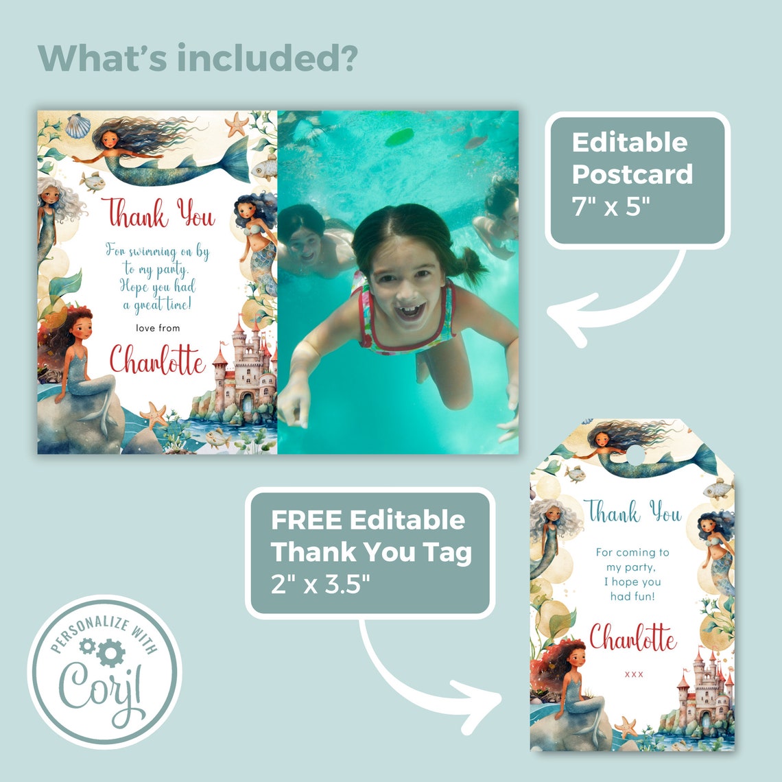 Editable Mermaid Thank You Card, Swimming Party Thank You Tag, Editable ...