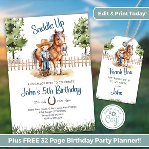 Invito di compleanno modificabile da cowboy, invito per ragazzo in sella, invito a una festa con pony cavallo IN0010