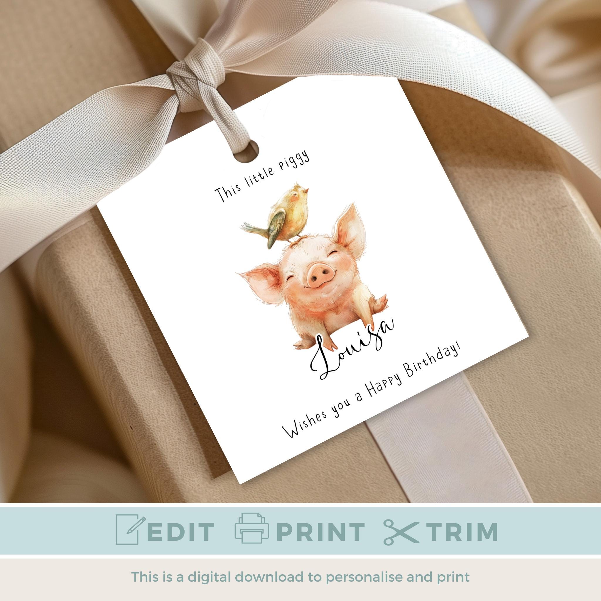 Editable Pig Birthday Gift Tag, Personalised Label, This Little Piggy ...