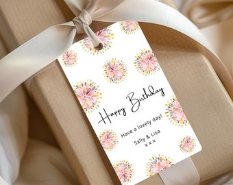 Personalised Birthday Gift Tags with Flowers, Editable Happy Floral Gift Tag, Edit and Print at Home BC0016