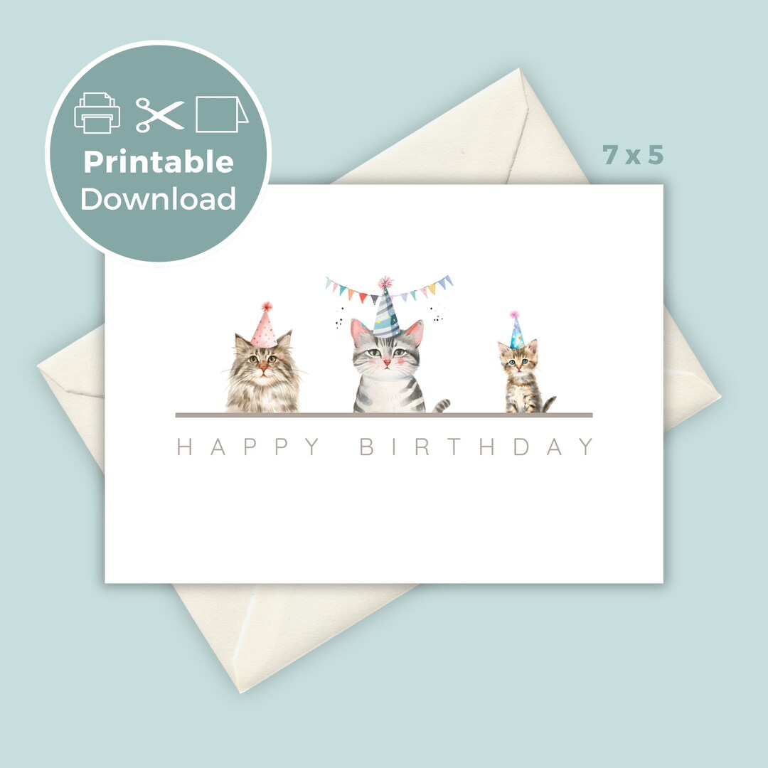 Cat Printable Birthday Card, Cute Kitty Greeting Card, Cat Birthday