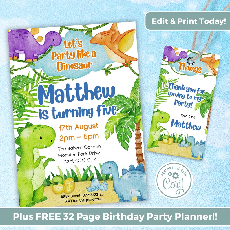 Editable Dinosaur Birthday Party Invitation Template, Dinosaur Birthday ...