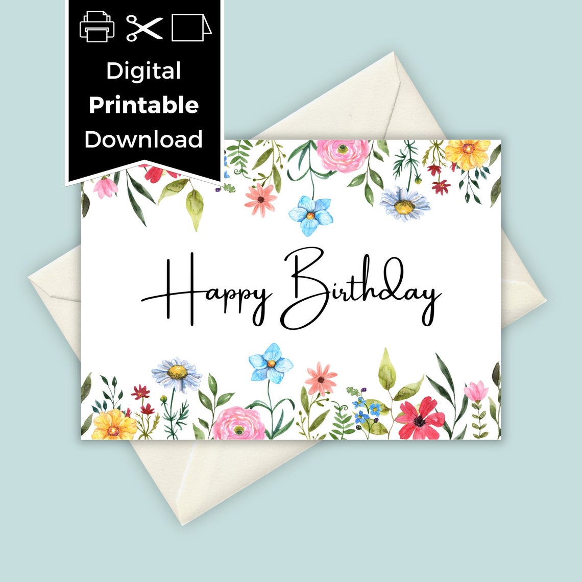 Printable Birthday Card With Flowers Floral Birthday Card - Etsy