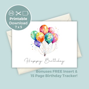 Cartão de aniversário para impressão Balões de aquarela, cartão de felicitações faça você mesmo Imprima em casa Download instantâneo BC0041