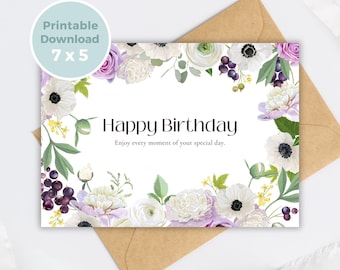 Printable Birthday Card with Flowers, Floral Birthday Card, Printable Greeting Card, Print at Home BC0025
