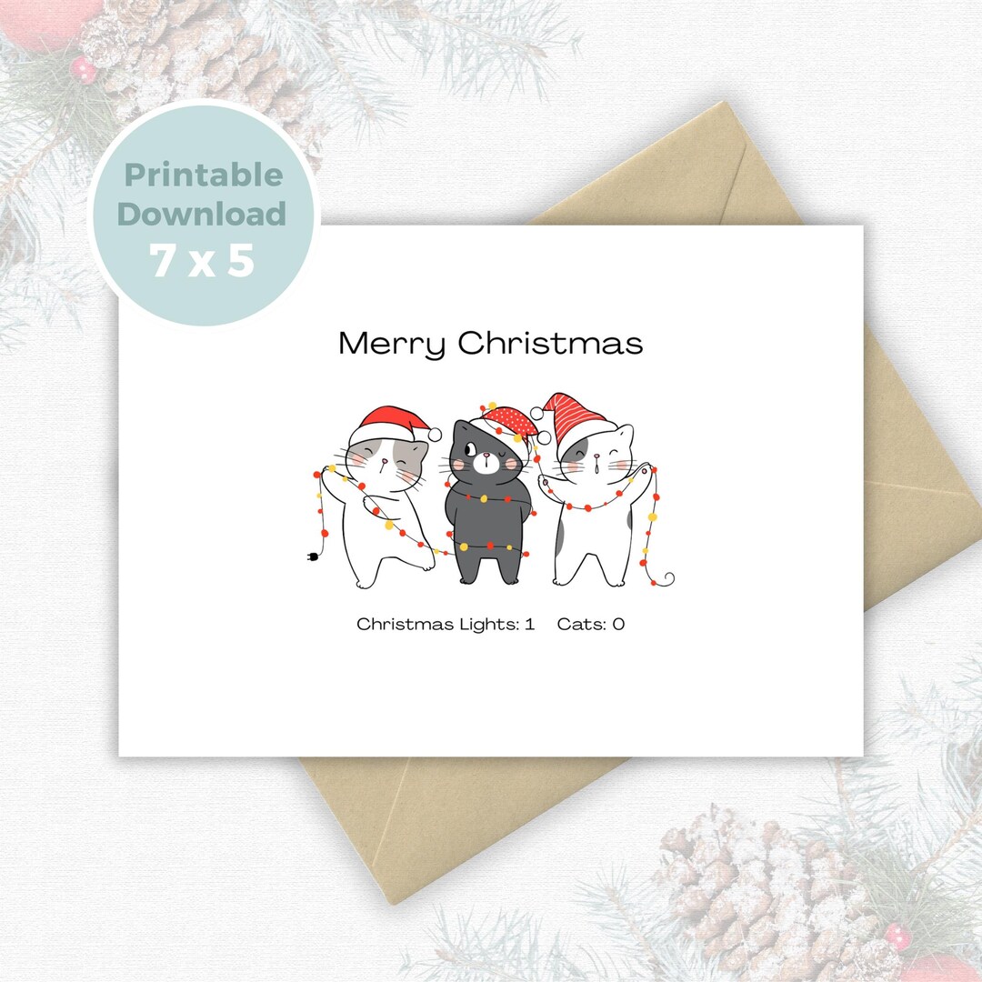 Funny Christmas Cat Card Printable, Cute Cats With Christmas Lights ...