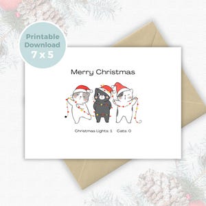Funny Christmas Cat Card Printable, Cute Cats with Christmas Lights, Digital Holiday Greeting Card 7x5, Cat Lover Xmas Card, CH014