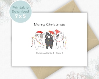 Funny Christmas Cat Card Printable, Cute Cats with Christmas Lights, Digital Holiday Greeting Card 7x5, Cat Lover Xmas Card, CH014