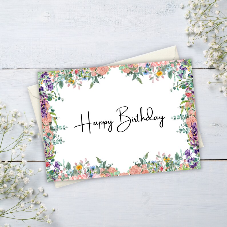 Birthday Card Printable With Flowers Birthday Card Floral - Etsy