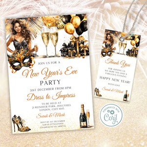 New Year&#39;s Eve Invitation Gold Fireworks Champagne Party Digital Invite - Editable New Year Template