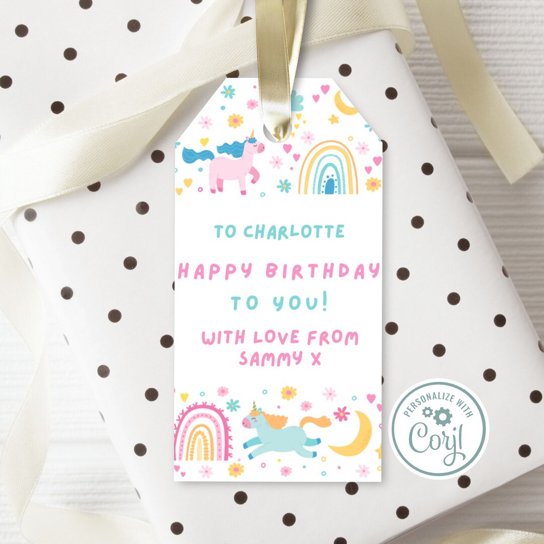 Printable Birthday Gift Tag With Unicorns, Kids Gift Tag, Print at Home, Instant Download Etsy