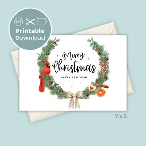 Tarjeta de Feliz Navidad para imprimir con corona, tarjeta de saludos de temporada, descarga digital de tarjeta navideña