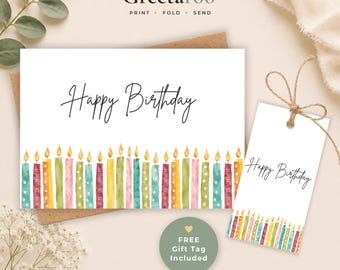 Op de afbeelding: Een witte verjaardagskaart en een bijpassend cadeaulabel, beide voorzien van een rij kleurrijke aquarel verjaardagskaarsjes aan de onderkant en de tekst Happy Birthday in zwart handschrift. De merknaam Greetaroo staat bovenaan.
