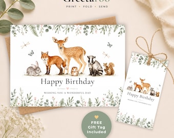 May include: A rectangular birthday card and a matching gift tag featuring watercolor illustrations of a rabbit, fox, deer, hedgehog, badger, and squirrel. The text reads Happy Birthday and Wishing You A Wonderful Day, framed by green foliage.