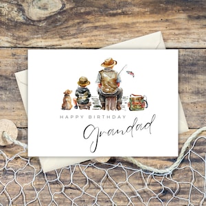 Carte d'anniversaire de pêche imprimable pour grand-père, carte de voeux sur le thème grand-père pêcheur