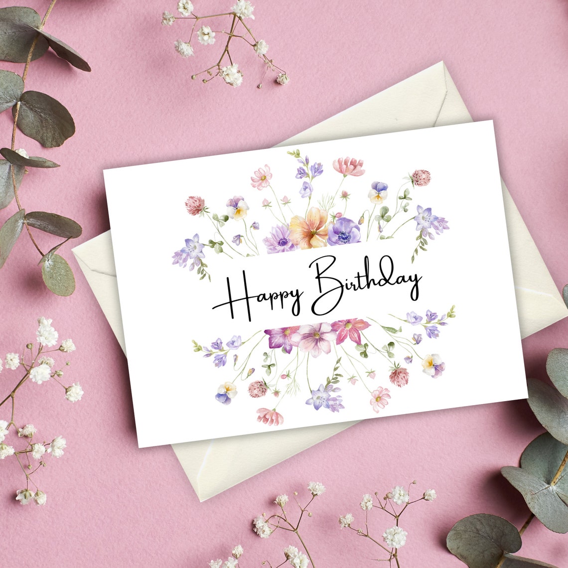Printable Birthday Card With Flowers, Floral Birthday Card, Printable ...