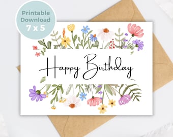 Tarjeta de cumpleaños imprimible con flores, tarjeta de felicitación floral, tarjeta de felicitación imprimible, para imprimir en casa BC0003