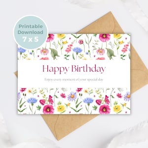 Cartão de aniversário para impressão com flores, Cartão de aniversário para impressão com flores, Cartão de feliz aniversário para ela, BC0005