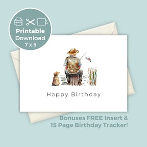 Cartão de aniversário para impressão, design de pai pescando com cachorro, cartão temático de pai ao ar livre, download digital, cartão de felicitações para impressão, BC0043