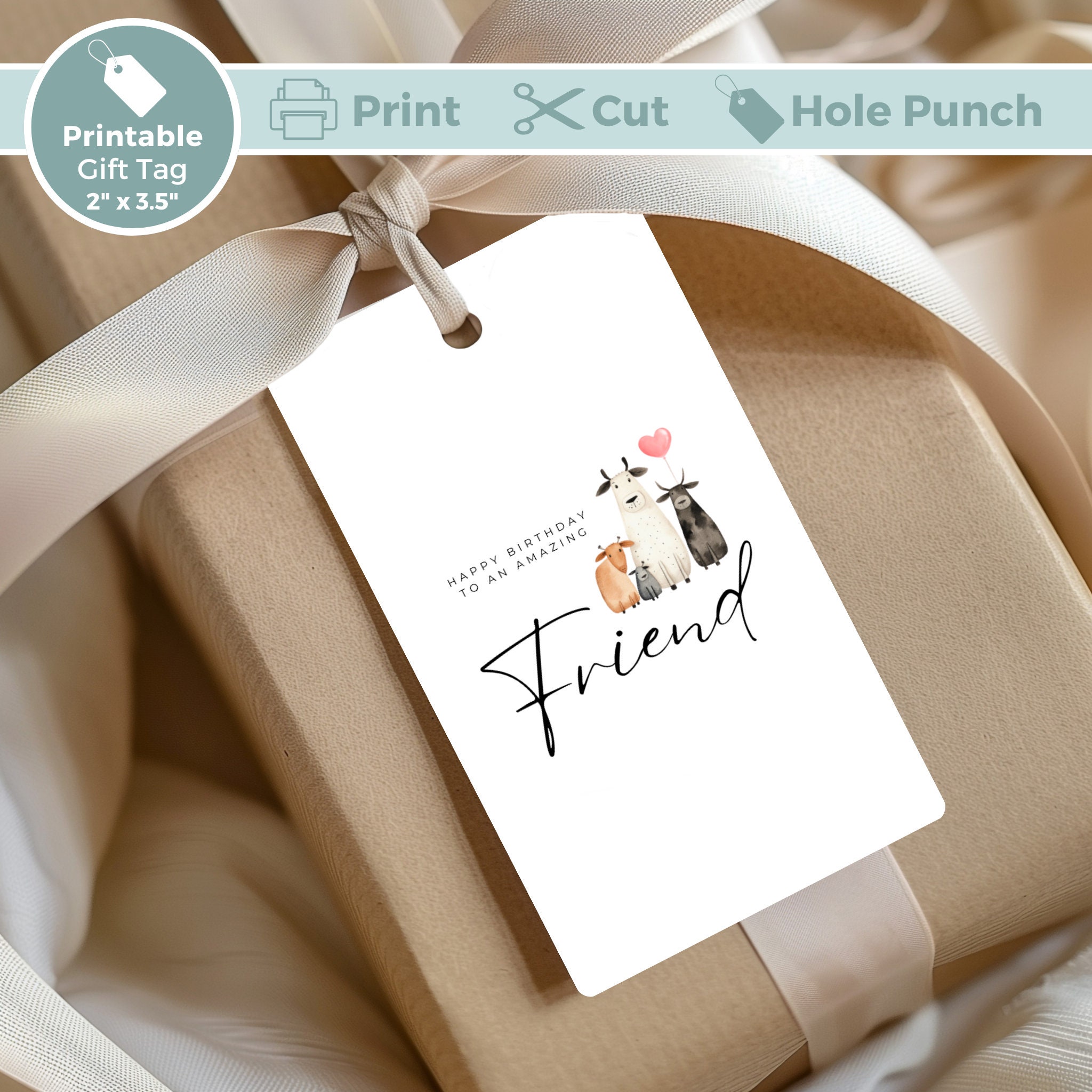 Printable Birthday Gift Tag for Friend, Adorable Cute Cow Illustration ...