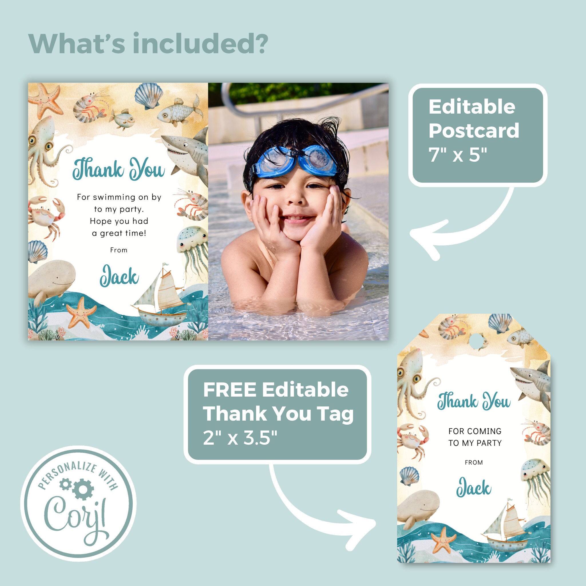 Editable Under the Sea Thank You Card, Swimming Party Thank You Tag ...