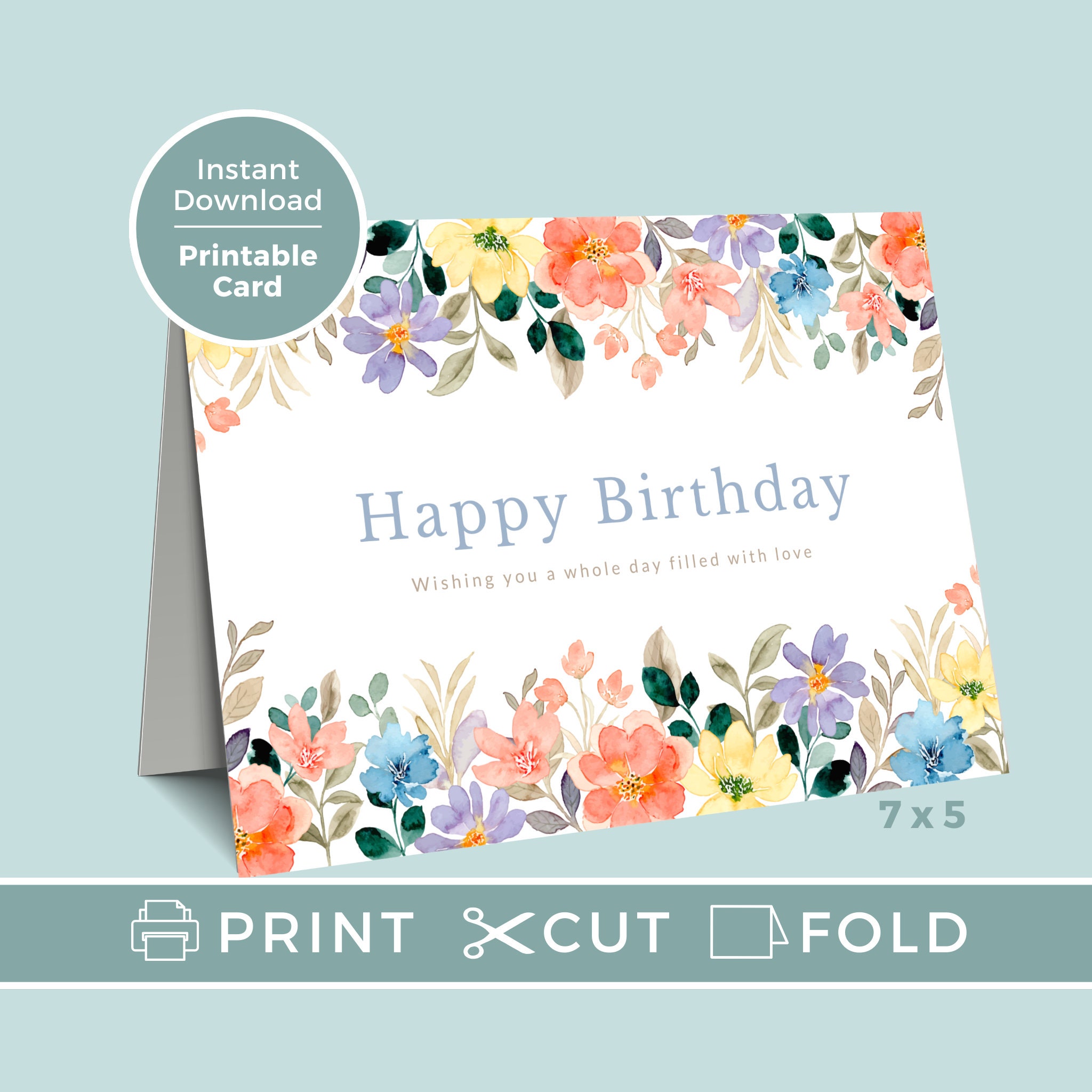 Printable Birthday Card With Flowers, Floral Birthday Card, Digital ...