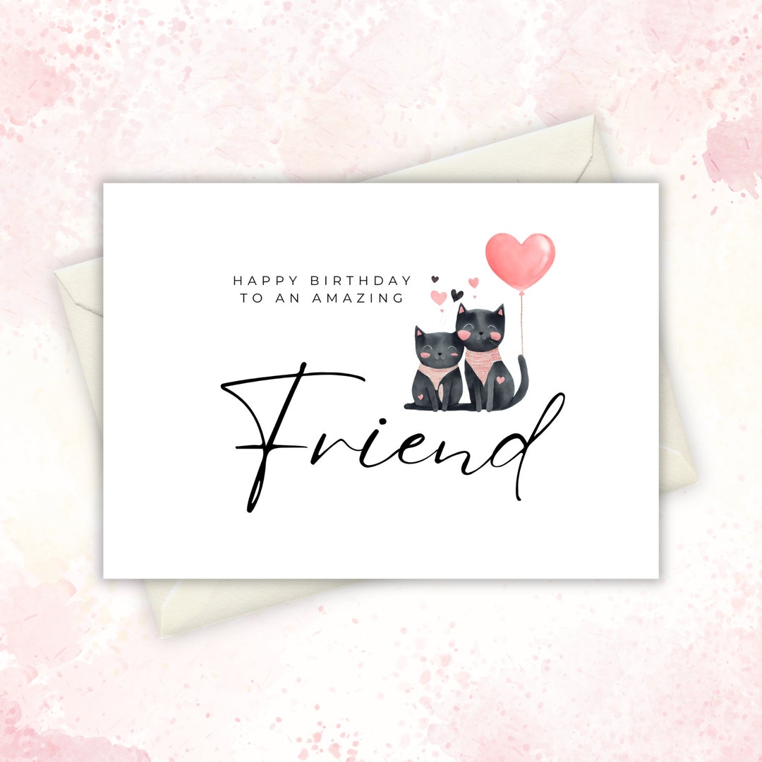 Printable Cat Birthday Card for Friend, Cute Cat Design, Digital ...
