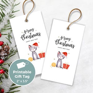 Printable Christmas Gift Tag, Cute Cat with Santa Hat, 2"x3.5" Holiday Tag, CH034