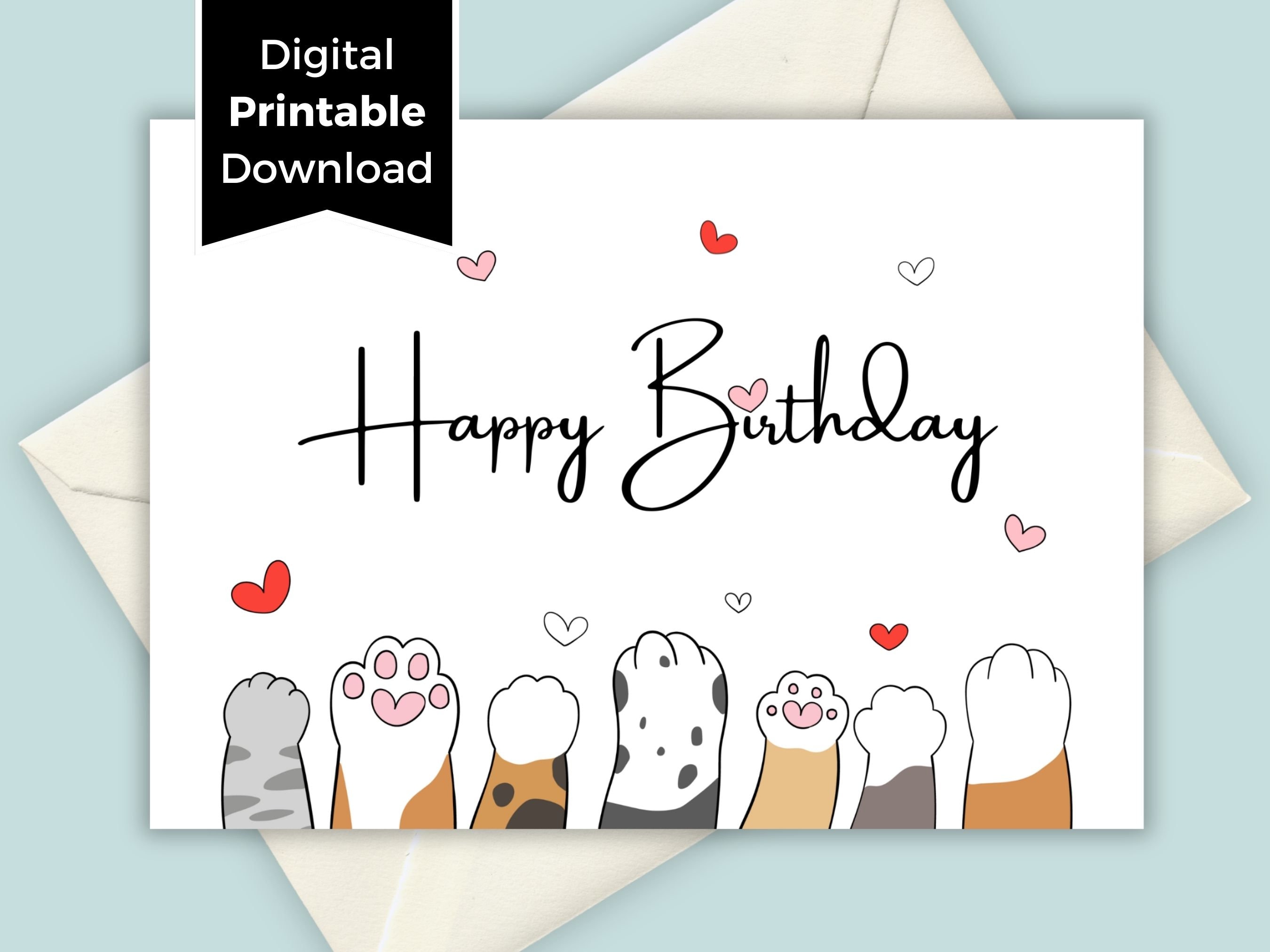 Cat Printable Birthday Card Cute Kitty Greeting Card Instant - Etsy UK