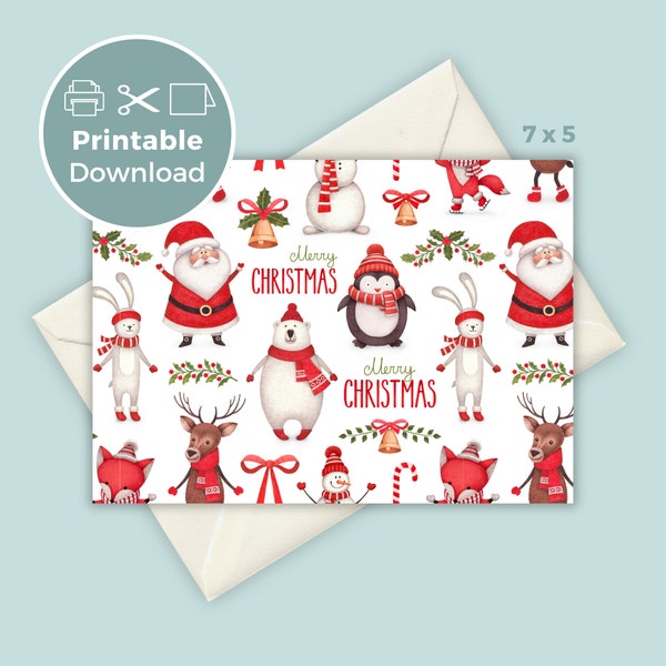 Merry Christmas Card Printable, Christmas Illustration Card, Seasons Greetings Card, Digital Download