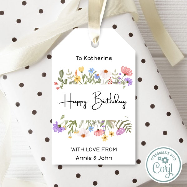 Editable Birthday Gift Tag with Flowers, Floral Gift Tag Personalise and Print at Home