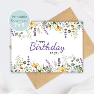 Cartão de aniversário floral para impressão - Cartão elegante com flores roxas - Perfeito para imprimir em casa BC0021