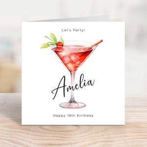 Tarjeta de cumpleaños personalizada con cóctel, diseño de martini imprimible para el cumpleaños número 18, regalo de descarga digital personalizado, EBC0009