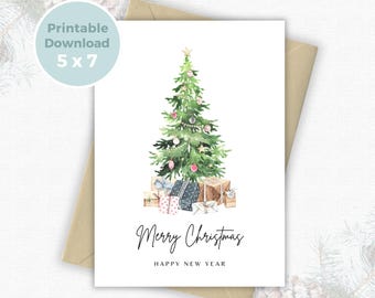 Printable Christmas Card with Christmas Tree Illustration - Festive Holiday Greeting, DIY Christmas Card PDF Download