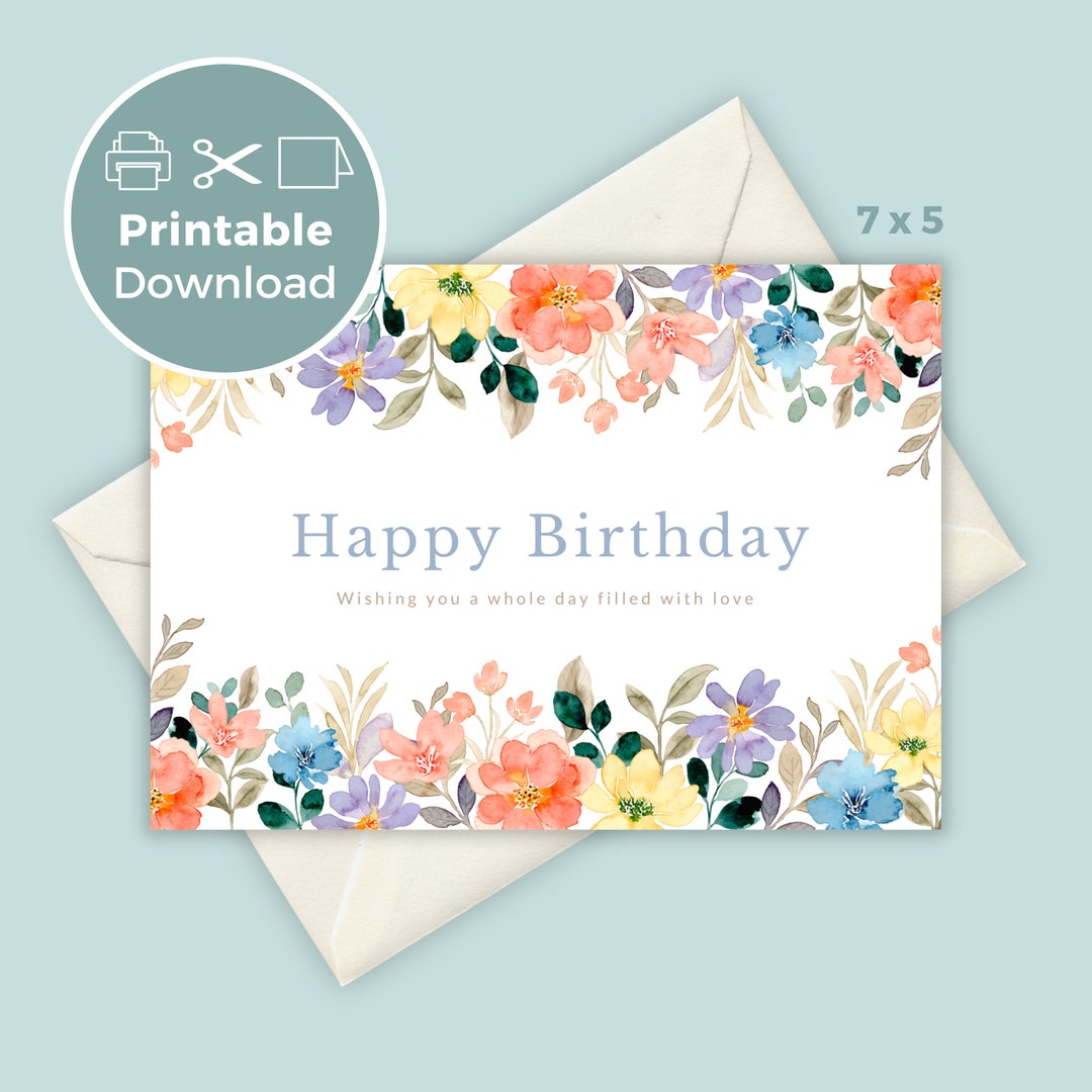 Printable Birthday Card With Flowers, Floral Birthday Card, Digital ...