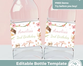 Fairy Water Bottle Label Template, Editable Bottle Wrapper, Magical Fairy Birthday, Pink Gold Instant download IN0001