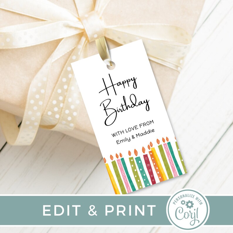 Editable Happy Birthday Gift Tag With Candles, Gift Tag Print at Home Instant Download Etsy