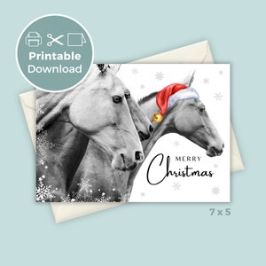 Cartão de Feliz Natal para Imprimir com Cavalos em Chapéu de Papai Noel – Cartão de Natal Festivo para Amantes de Cavalos – 7x5 DIY Saudação de Natal