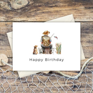 Tarjeta de cumpleaños imprimible, diseño de abuelo pescando con perro, tarjeta temática de abuelo al aire libre, descarga digital