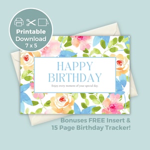 Cartão de aniversário para impressão com flores, cartão de aniversário floral, cartão de felicitações para impressão, impressão em casa BC0032