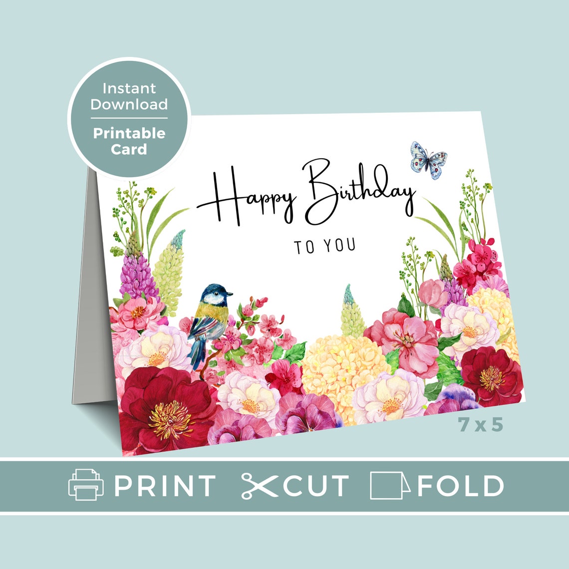 Printable Birthday Card With Flowers, Happy Birthday Card Printable, Floral, Digital Download - Etsy