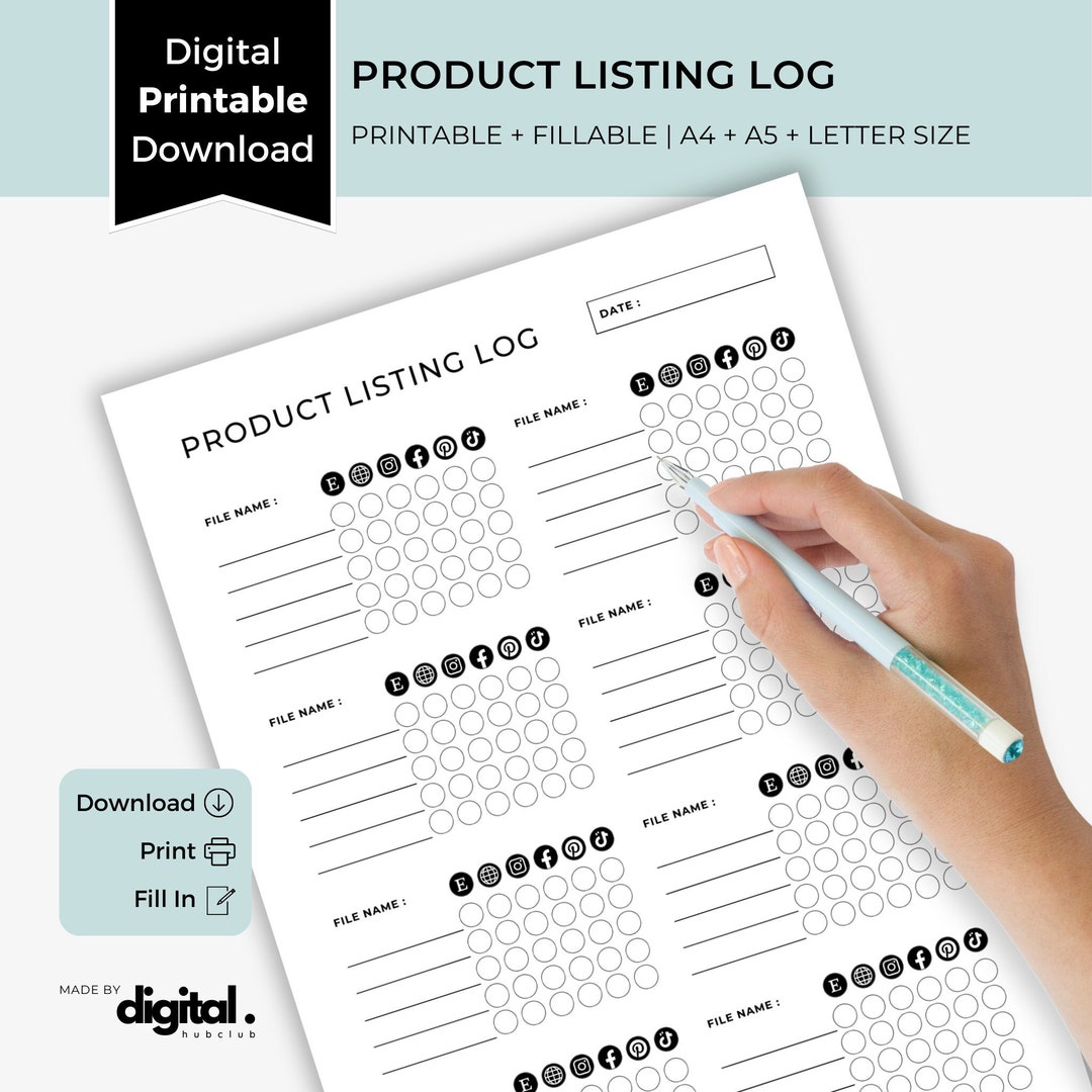 Product Listing Log, File Log Template, Productivity Planner Printable ...