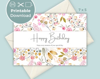 Printable Birthday Card With Flowers, Floral Birthday Card, Printable Greeting Card, Print at ...