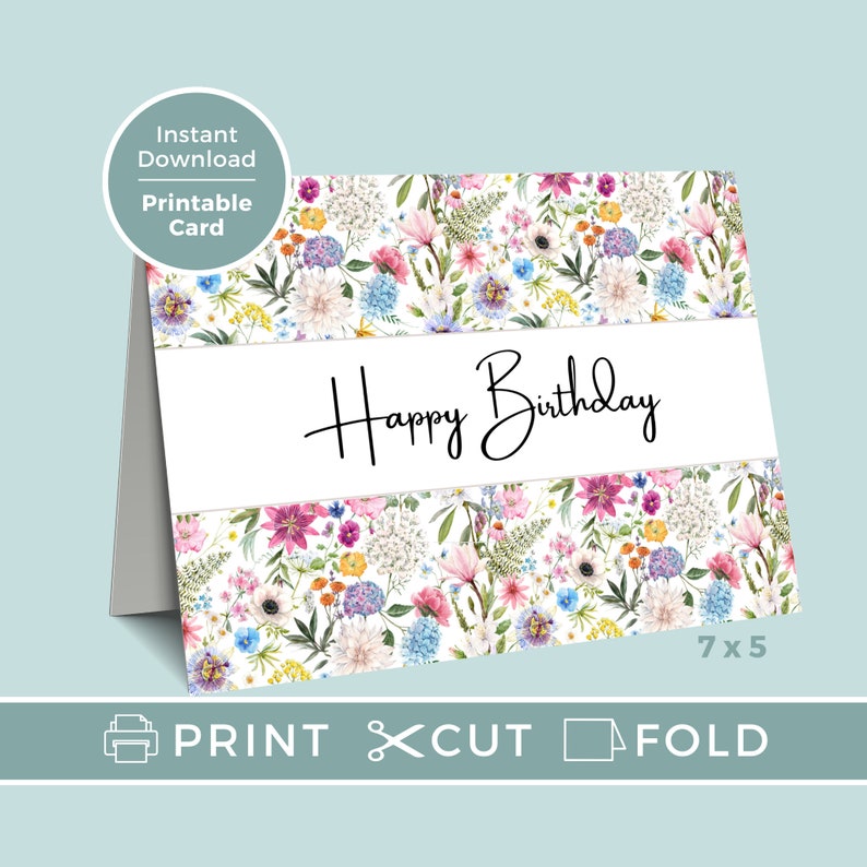 Printable Birthday Card for Her, Birthday Card Flowers, Printable ...
