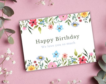 Printable Birthday Card With Flowers, Floral Birthday Card, Printable Greeting Card, Print at ...