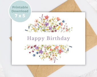 Printable Birthday Card with Flowers, Floral Birthday Card, Printable Greeting Card, Print at Home, BC0042